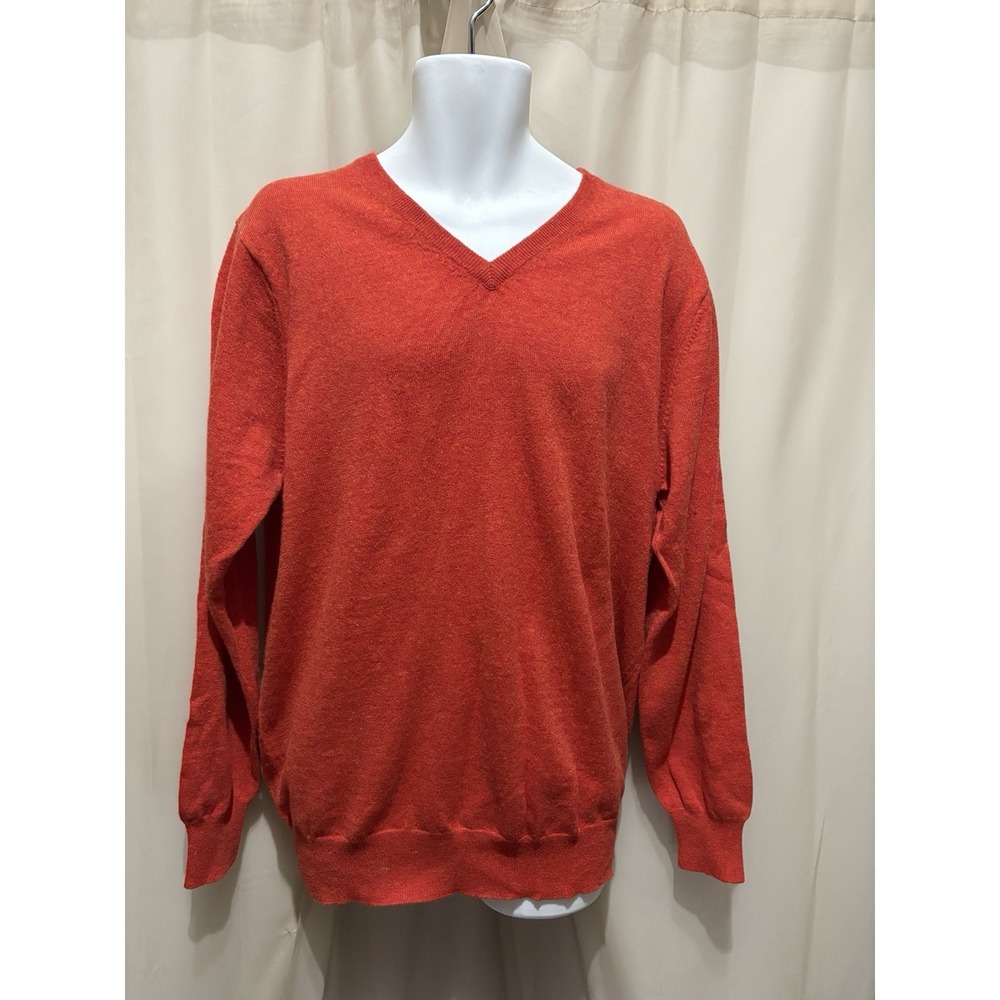 EDINBURGH Mens 100% Merino Wool Orange V-Neck Sweater SIZE XL